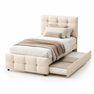 STILVORA Cama Nido 90 X 200 Y 90 X 190 Cm, 2 Plazas, Cabecero Regulable, Lino, Sin Colch&oacute;n, Beige