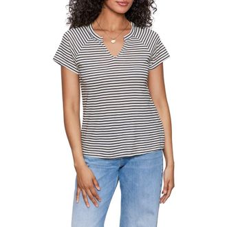 Sanctuary Stripe Notch V-Neck Cotton Blend T-Shirt in Light Oat/Black Stripe at Nordstrom Rack, Size Xx-Small
