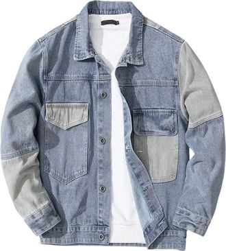 Generic Mens Patchwork Jean Jacket Casual Plus Size Lightweight Jacket Fashion Long Sleeve Classic Denim Jackets Blue Medium