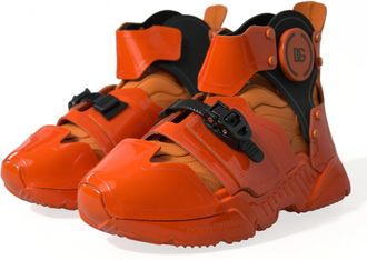 Dolce & Gabbana Mens Orange Multi Panel Chunky High Top Sneakers Shoes Pvc Calfskin Leather