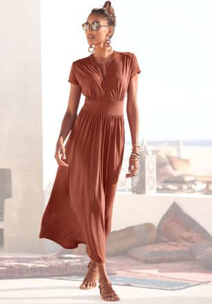 Lascana Midikleid LASCANA, Damen, Gr. 34, N-Gr, orange (terrakotta), Jersey, Obermaterial: 100% Viskose, unifarben, figurumspielend ca. Mitte Wade, V-Ausschni