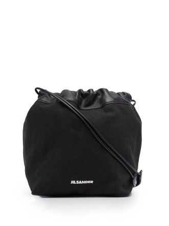 Jil Sander logo drawstring shoulder bag - women - Cotton/Leather - OS - Black