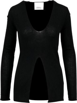 Erika Cavallini Semi Couture Zwarte Merinowol Ribgebreide Sweater - Dames - V-hals truien - Zwart - M - Wol - Truien & Vesten