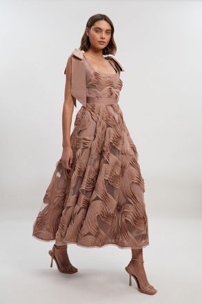 Karen Millen Womens Textured Ruffle Woven Midi Prom Dress - Mink - Size 12 UK