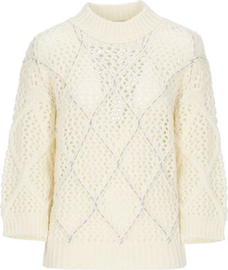 PESERICO Perforated White Sweater With Beaded Details And Ribbed Finishing