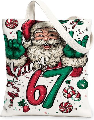 Generic Holiday Santa Canvas Tote Bags, Festive Christmas Design Reusable Shopping Bags, Lightweight Washable Shoulder Strap Canvas, White, 13x15 Inch