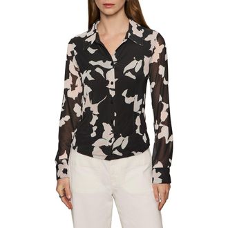 Sanctuary Mesh Button-Down Shirt in Petal Whisper Black at Nordstrom, Size Xx-Large P