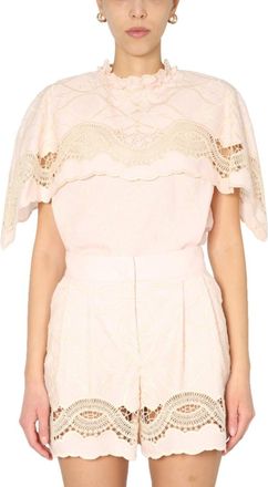 Alberta Ferretti Pink Embroidered Mock Collar Top