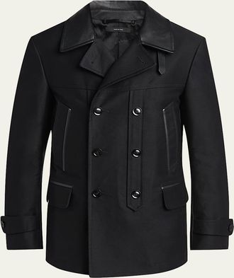 Tom Ford Mens Satin Leather-Collar Peacoat