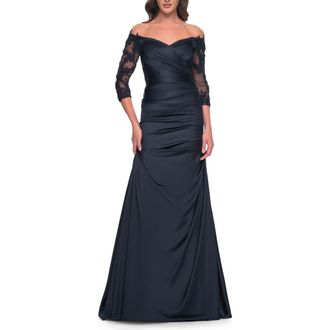La Femme Mermaid Satin Dress with Gathering and Off the Shoulder Top in Navy at Nordstrom, Size 20