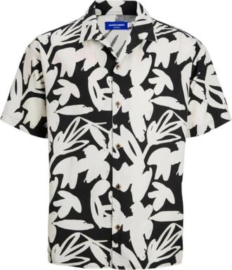 Jack & Jones Zwarte Cabana Shirt met Witte Print - Heren - Korte mouwen Overhemden - Zwart - L - Katoen - Overhemden