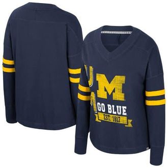 Colosseum Womens Colosseum Navy Michigan Wolverines Oversized Violet Distressed V-Neck Long Sleeve T-Shirt at Nordstrom, Size Xx-Large