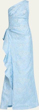 Teri Jon One-Shoulder Jacquard Side-Ruffle Gown