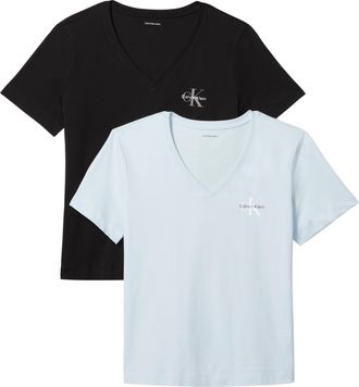 Calvin Klein Jeans T-Shirt CALVIN KLEIN JEANS MONOLOGO VNK 2PACK TEE, Damen, Gr. XXL (46), plein air, schwarz, Single Jersey, Obermaterial: 100% Baumwolle, regular fit n