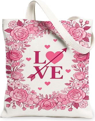 Generic ValentineS Floral Canvas Tote Bags, Love Heart Design Reusable Grocery Bags, Romantic Lightweight Washable Shoulder Strap, Peach, 13x15 Inch