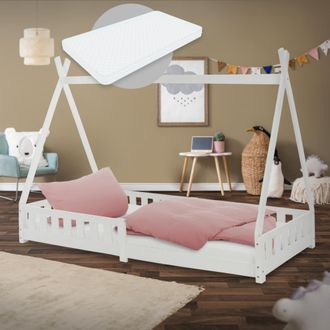 ML Design Ml-design Cama Infantil Tipi Blanca Con Colch&oacute;n 200x90 Cm Protecci&oacute;n Antica&iacute;da Y Somier Estructura Listones De Madera Maciza De Pino Para Ni&ntilde;o Forma D