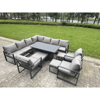 Fimous ALuminum 13-Seater L-Shaped Set with Lifting Table, 3 Stools & 3 Chair in Dark Grey