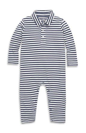 primary Baby Long Sleeve Polo Romper In Mini Stripe in Ivory Sunwashed Navy Stripe at Nordstrom, Size 12-18M
