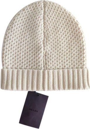 Prada Ivory Waffle Knit Wool-Cashmere Beanie Size M