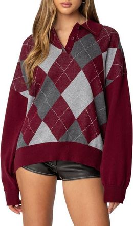Edikted Argyle Oversize Cotton Polo Sweater in Burgundy at Nordstrom, Size X-Large