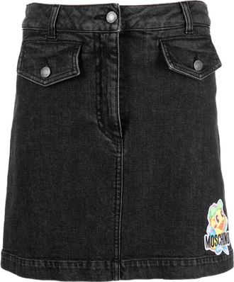 Moschino cartoon-embroidered A-line denim skirt - women - Spandex/Elastane/Cotton - 36 - Black