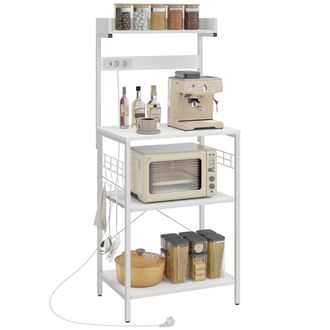 HOMCOM Homcom Estanter&iacute;a De Cocina Con 2 Tomacorrientes, Estaci&oacute;n De Caf&eacute;, Estante Para Microondas, Estante Ajustable, Ganchos, 60x42x137 Cm Blanco