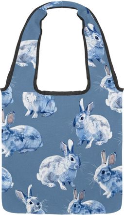 Generic Cute Blue Rabbit Reversible Canvas Shoulder Tote - Double-Sided Print, 12oz Cotton, 27cm Drop, Fold-Flat Bag for Travel, Shopping, Street Outings