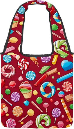 Generic Red Candy Pattern Reversible Canvas Shoulder Tote - Double-Sided Print, 12oz Cotton, 27cm Drop, Fold-Flat Bag for Travel, Shopping, Street Outings