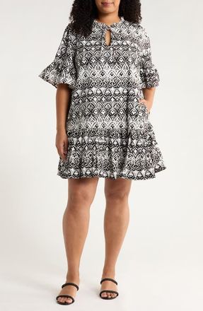 Sugarlips La Palma Floral Auggie Cotton Dress in Black-White at Nordstrom, Size 1X