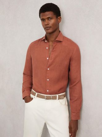 Reiss Cinnamon Brown Linen Cutaway-collar Regular-fit Shirt, Xxl