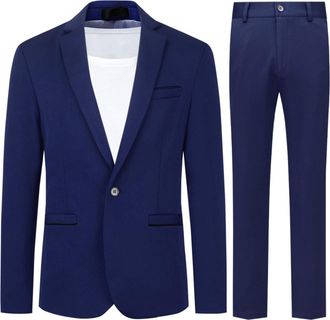 AlltheMen Mens 2 Pieces Suit Casual 1 Button Dress Suits Solid Color Stylish Wedding Dress Suit Dark Blue XXL