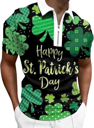 Generic Plus Size St. Patricks Day Mens T-Shirts Polo St Patricks Day Outfit Casual Loose Lapel Short Sleeve Half Zipper Irish Lucky Shamrock Print Blouse Luc