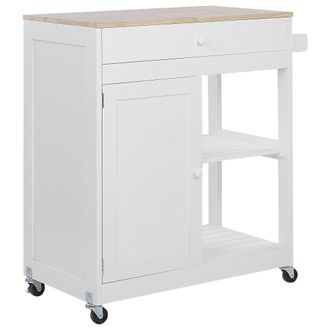 Beliani Carrito De Cocina De Mdf Madera De Caucho Blanco 75 X 43 X 87 Cm Ruedas Estante 2 Baldas 1 Caj&oacute;n Trapani