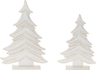 Melrose International Carved Wood Pine Tree (Set of 2) - White, Beige