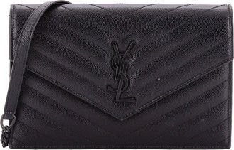 Saint Laurent Black Matelasse Chevron Leather Classic Monogram Wallet On Chain Small (Authentic Pre-Loved)