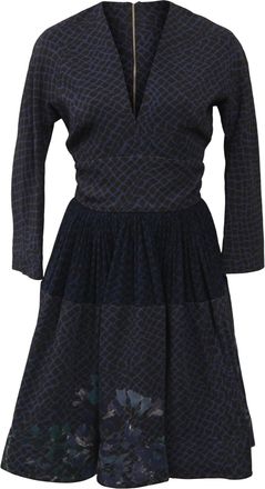 Elie Saab Printed A-Line Knee Length Dress in Navy Blue Polyester