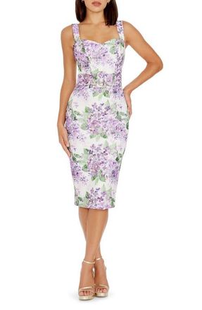 Dress The Population Nicole Belted Sweetheart Neck Cocktail Dress in Violet Multi at Nordstrom, Size Large