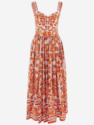 Dolce & Gabbana Langes Kleid aus Baumwollpopeline mit Majolika-Print