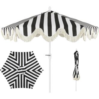 Jonathan Y Designs Collins Bohemian Fringe Outdoor Patio Umbrella with Crank Lift and Tilt, Scalloped UV-Resistant Canopy, Aluminum Pole in Black/white