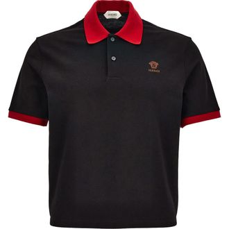 Versace Embroidered Medusa Cotton Piqu&eacute; Polo in Black Lipstick Red at Nordstrom, Size X-Large