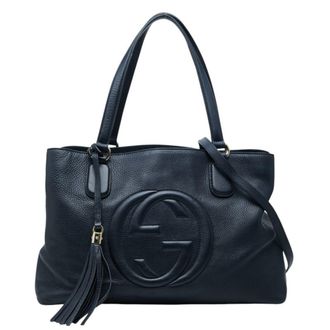 Gucci Navy Leather Shoulder Bag Tote Bag (Pre-Owned)