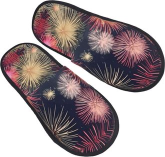 Generic Fuzzy Slippers Beautiful Firework Printing Home Slippers Flat Unisex House Shoes For Winter Travel Indoor M