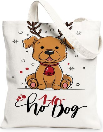 Generic Christmas Dog Canvas Tote Bags, Holiday Animal Design Lightweight Reusable Bags, Vintage Animal Print Washable Shoulder Strap for Travel Beach 13x15 I