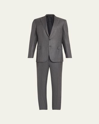 Brioni Mens Tonal Herringbone Wool-Silk Two-Piece Suit