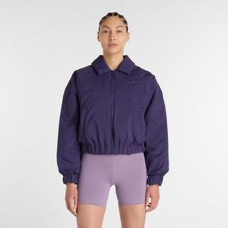 New Balance Donna Woven Bomber Jacket in Viola, Nylon Intrecciato, Taglia XL