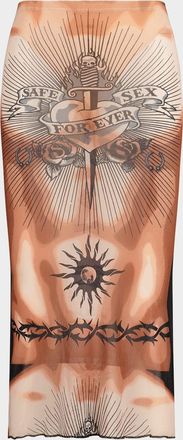 Jean Paul Gaultier Re-Edition Tattoo-Print Mesh Midi Skirt