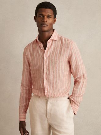 Reiss Pink Rose & white Bengal Stripe Linen Striped Long Sleeve Shirt, Xxl