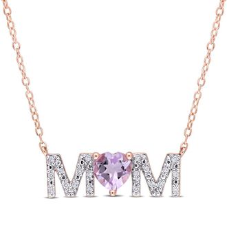 Amour 3/5 CT TGW Heart Rose De France and 1/10 CT TDW Diamond mom in Pendant with Chain In Rose Plated Sterling Silver