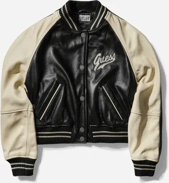 Guess Co Women s Leather Varsity Jacket Jet Black