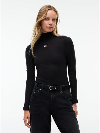 Tommy Hilfiger Womens Tommy Jeans Ribbed Mockneck T-Shirt - Black - XL